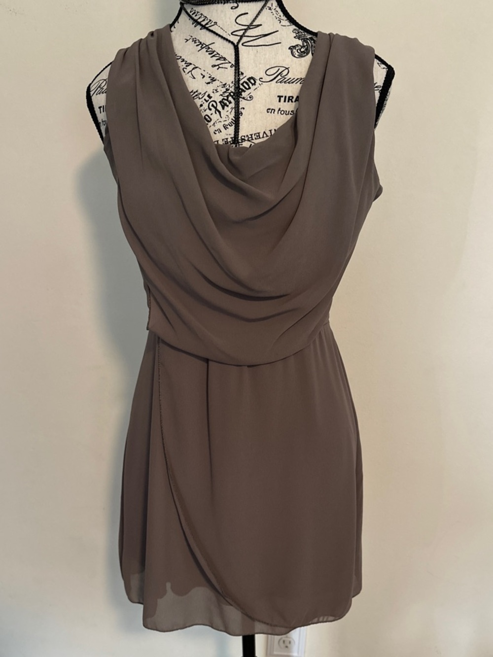 Silky Made in Italy Sleeveless Taupe Cowl Neck Dress Elegant! 30” length
